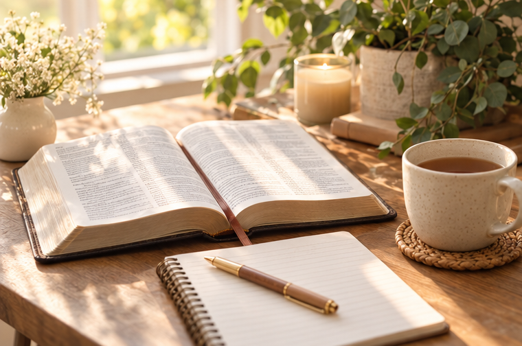 An open Bible beside a journal and warm cup of tea