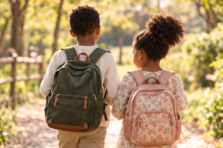 Two children with backpacks walking outside together