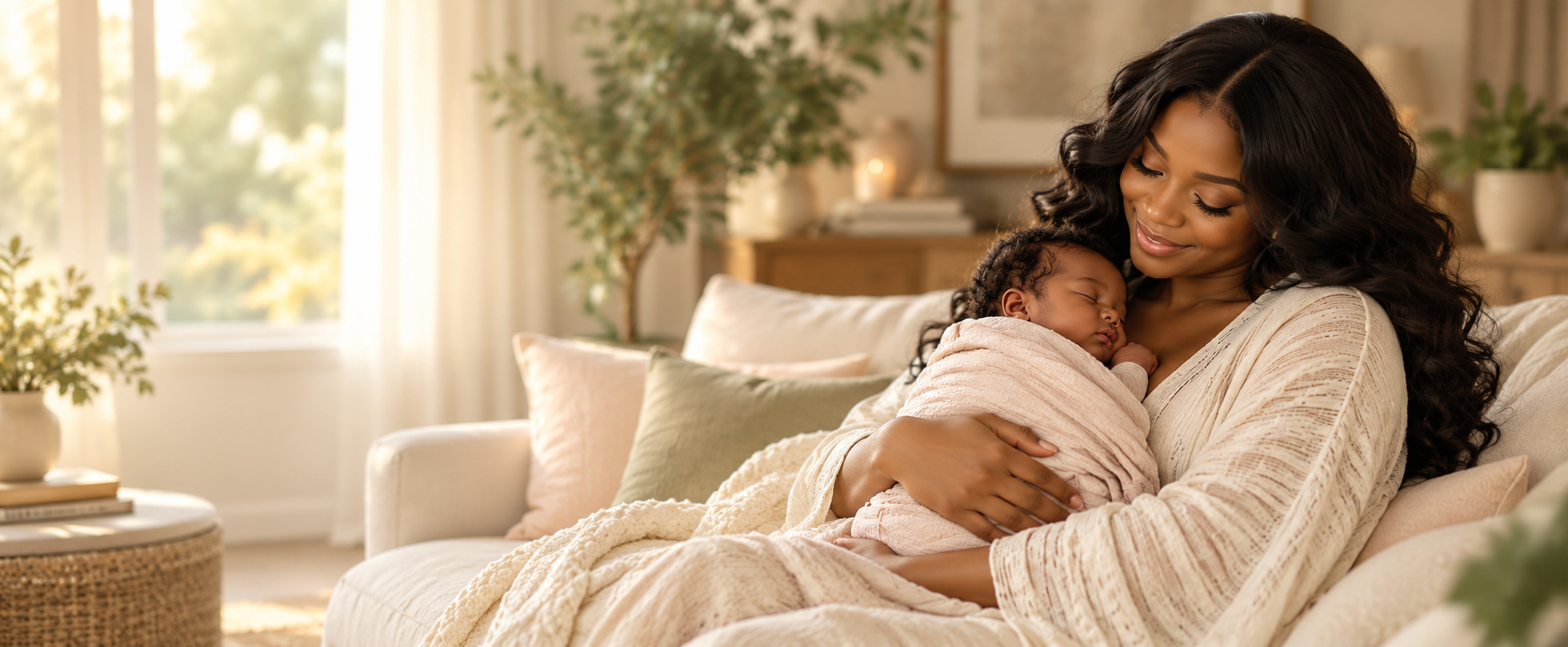 A mother holding her sleeping newborn in a warm family home
