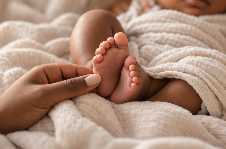 A newborn baby's feet held gently in a parent's hand
